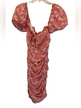 Majorelle Pink Paisley Ruched Puff-Sleeve Midi Dress